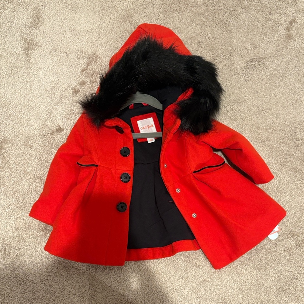 Cat & Jack Toddler Red Coat with Black Fur Trim - 12 months